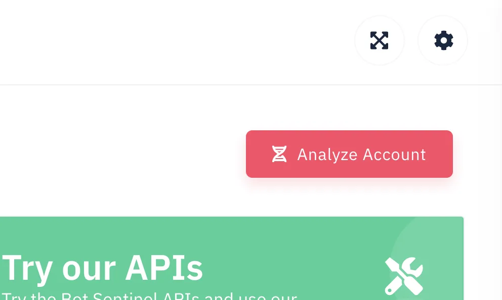 A webpage interface with a red button labeled Analyze Account and a green section promoting APIs, enhanced by image verification tools, featuring a wrench and screwdriver icon. At the top, two circular icons provide options for resizing and settings.